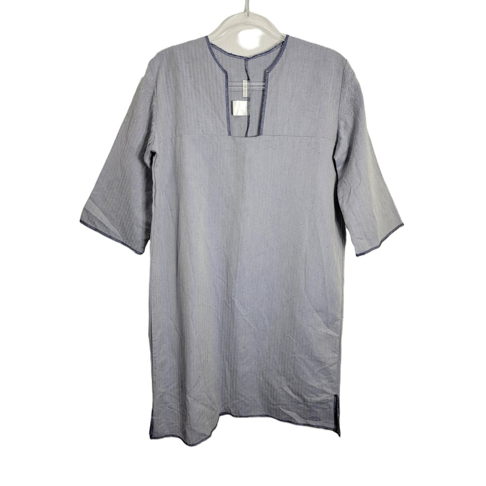 Ismara Italy 100% Linen Blue Herringbone Tunic Dress Womens Small 3/4 Sleeve